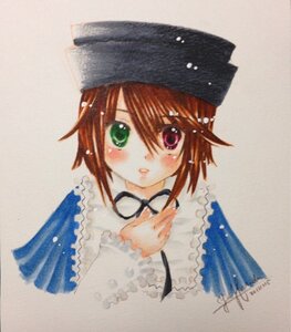 Rating: Safe Score: 0 Tags: 1girl bangs blush brown_hair green_eyes hat heterochromia image long_sleeves looking_at_viewer parted_lips red_eyes simple_background solo souseiseki suiseiseki upper_body yumeki_kokoro User: admin