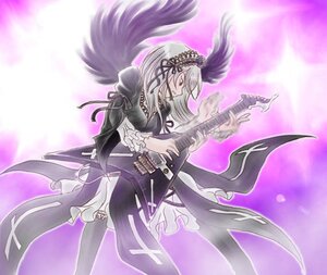 Rating: Safe Score: 0 Tags: 1girl black_dress black_ribbon black_wings dress electric_guitar frills guitar hairband image instrument lolita_hairband long_hair long_sleeves music playing_instrument plectrum ribbon silver_hair solo suigintou wings User: admin