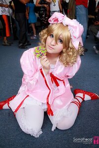 Rating: Safe Score: 0 Tags: 1girl blonde_hair blue_eyes dress hat hinaichigo lips mary_janes photo red_footwear ribbon shoes short_hair sitting solo watermark white_legwear User: admin
