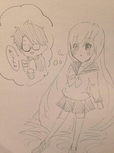Rating: Safe Score: 0 Tags: 1boy 1girl auto_tagged bangs blush eyebrows_visible_through_hair glasses image long_hair long_sleeves monochrome pleated_skirt school_uniform serafuku shoes skirt solo standing suiseiseki traditional_media very_long_hair User: admin
