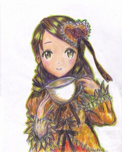 Rating: Safe Score: 0 Tags: 1girl braid brown_hair cup flower green_eyes hair_flower hair_ornament holding image kanaria long_hair looking_at_viewer red_flower rose solo teacup traditional_media upper_body white_background User: admin