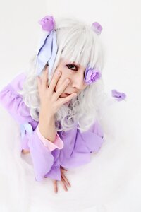 Rating: Safe Score: 0 Tags: 1girl barasuishou brown_eyes flower hair_ornament long_sleeves looking_at_viewer pose purple_dress purple_flower solo vertical_stripes white_hair User: admin