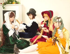 Rating: Safe Score: 0 Tags: 4girls 91076 blonde_hair bonnet brown_hair cup dress flower food green_dress hat long_hair long_sleeves multiple_cosplay multiple_girls sitting suiseiseki table tagme tea teacup teapot very_long_hair User: admin