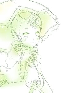 Rating: Safe Score: 0 Tags: 1girl blush bow dress drill_hair green_theme hat holding holding_umbrella image kanaria long_sleeves looking_at_viewer monochrome parasol smile solo striped umbrella upper_body vertical_stripes User: admin