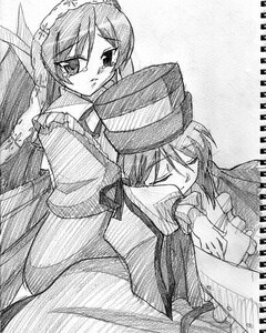 Rating: Safe Score: 0 Tags: 2girls closed_eyes dress frills greyscale hat head_scarf hug image long_hair long_sleeves monochrome multiple_girls pair siblings sisters souseiseki suiseiseki twins white_background User: admin