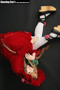 Rating: Safe Score: 0 Tags: 1girl bangs blonde_hair blue_eyes bonnet dress flower leg_hug lips long_hair long_sleeves looking_at_viewer mary_janes pantyhose realistic red_dress rose shinku shoes sitting solo white_legwear User: admin