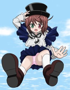 Rating: Safe Score: 0 Tags: 1girl blush brown_hair day green_eyes hat heterochromia image long_sleeves open_mouth pantyshot pink_panties red_eyes short_hair skirt sky solo souseiseki underwear white_legwear User: admin