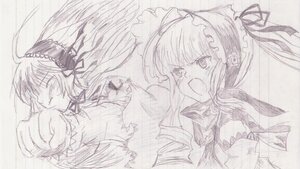 Rating: Safe Score: 0 Tags: frills image long_hair long_sleeves looking_at_viewer monochrome multiple_girls open_mouth pair ribbon shinku simple_background suigintou tears upper_body white_background User: admin
