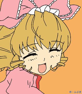 Rating: Safe Score: 0 Tags: 1girl :d blonde_hair blush bow closed_eyes drill_hair frills hair_bow hakurei_reimu hinaichigo image open_mouth orange_background simple_background smile solo User: admin