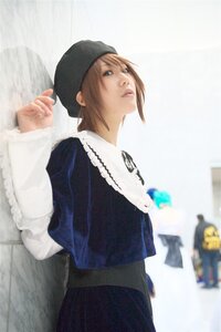 Rating: Safe Score: 0 Tags: 1girl blue_eyes blurry blurry_background blurry_foreground depth_of_field hat lips long_sleeves photo solo souseiseki striped User: admin