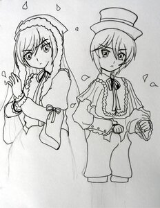 Rating: Safe Score: 0 Tags: 2girls blush capelet closed_mouth confetti dress eighth_note eyebrows_visible_through_hair frills greyscale hat image long_hair long_sleeves looking_at_viewer monochrome multiple_girls musical_note neck_ribbon pair petals ribbon short_hair siblings sisters smile souseiseki suiseiseki top_hat User: admin