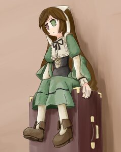 Rating: Safe Score: 0 Tags: 1girl brown_footwear brown_hair dress full_body green_dress green_eyes heterochromia image long_sleeves pantyhose ribbon sitting solo souseiseki suiseiseki User: admin