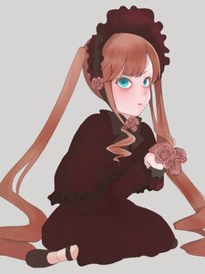 Rating: Safe Score: 0 Tags: 1girl blush bonnet dress flower image joints lolita_fashion long_hair pink_flower pink_rose red_flower red_rose rose shinku simple_background sitting solo striped twintails User: admin