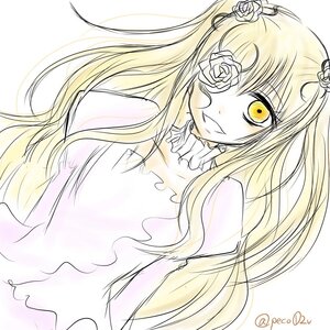 Rating: Safe Score: 0 Tags: 1girl blonde_hair dress eyepatch flower hair_flower hair_ornament image kirakishou long_hair monochrome rose smile solo twitter_username two_side_up white_rose yellow_eyes User: admin
