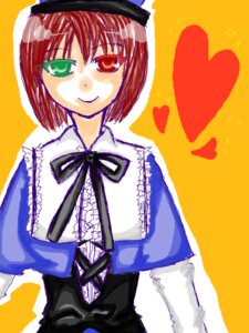 Rating: Safe Score: 0 Tags: 1girl green_eyes hat heart heterochromia image long_sleeves looking_at_viewer red_eyes ribbon short_hair simple_background smile solo souseiseki upper_body yellow_background User: admin
