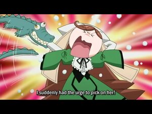 Rating: Safe Score: 0 Tags: 1girl brown_hair chibi dress english_text fangs green_dress image letterboxed long_hair open_mouth parody ribbon solo suiseiseki teeth User: admin