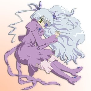 Rating: Safe Score: 0 Tags: 1girl barasuishou dress frills full_body gem image juliet_sleeves long_hair long_sleeves looking_at_viewer lying puffy_sleeves purple_dress ribbon silver_hair solo striped vertical_stripes very_long_hair yellow_eyes User: admin