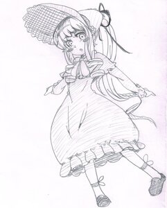 Rating: Safe Score: 0 Tags: 1girl bonnet dress full_body greyscale hat image long_hair long_sleeves looking_at_viewer monochrome open_mouth shinku shoes sidelocks solo standing User: admin