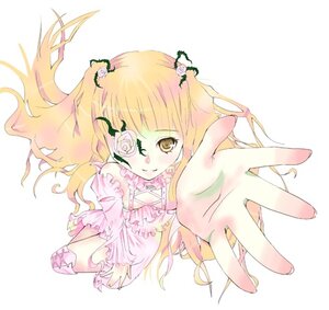 Rating: Safe Score: 0 Tags: 1girl blonde_hair blush dress flower foreshortening frills image kirakishou long_hair outstretched_hand pink_rose rose smile solo striped vertical_stripes User: admin