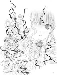Rating: Safe Score: 0 Tags: 1girl dress flower image kirakishou lineart long_hair monochrome pair rose shinku solo thorns vines User: admin