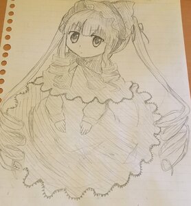 Rating: Safe Score: 0 Tags: 1girl bonnet dress drill_hair hairband image long_hair long_sleeves looking_at_viewer monochrome photo ringlets shinku simple_background solo standing traditional_media twin_drills twintails very_long_hair User: admin