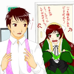 Rating: Safe Score: 0 Tags: 1boy 1girl blush brown_hair dress green_dress green_eyes head_scarf heterochromia image long_hair long_sleeves necktie open_mouth red_eyes ribbon shirt solo striped suiseiseki sweatdrop User: admin