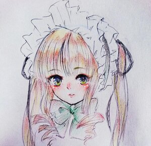 Rating: Safe Score: 0 Tags: 1girl bangs blush closed_mouth colored_pencil_(medium) eyebrows_visible_through_hair green_eyes image looking_at_viewer photo portrait shinku simple_background solo traditional_media watercolor_(medium) User: admin