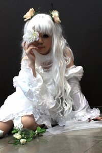 Rating: Safe Score: 0 Tags: 1girl black_eyes dark_skin dress flower hair_flower hair_ornament kirakishou lips long_hair sitting solo white_dress white_flower white_hair User: admin