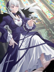 Rating: Safe Score: 0 Tags: 1girl barefoot black_wings dress flower frilled_sleeves frills hairband image juliet_sleeves long_hair long_sleeves looking_at_viewer pink_eyes puffy_sleeves ribbon rose silver_hair solo suigintou wings User: admin