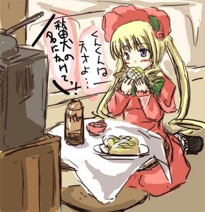 Rating: Safe Score: 0 Tags: 1girl blonde_hair blue_eyes bonnet dress eating food hat image long_hair long_sleeves red_dress shinku sitting solo table very_long_hair User: admin