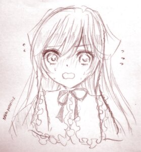Rating: Safe Score: 0 Tags: 1girl bangs blush eyebrows_visible_through_hair flying_sweatdrops frills hair_between_eyes image long_hair looking_at_viewer monochrome open_mouth solo suiseiseki traditional_media wavy_mouth User: admin