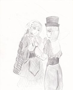 Rating: Safe Score: 0 Tags: 2girls capelet hat image long_sleeves lunasa_prismriver monochrome multiple_girls pair short_hair siblings sisters smile souseiseki suiseiseki twins User: admin