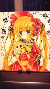 Rating: Safe Score: 0 Tags: 1girl blonde_hair blue_eyes blush bonnet bow dress flower image long_hair marker_(medium) musical_note red_dress rose shinku solo stuffed_animal traditional_media twintails User: admin
