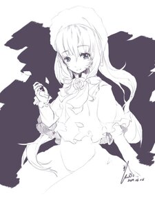 Rating: Safe Score: 0 Tags: 1girl bangs blush closed_mouth eyebrows_visible_through_hair flower frills hair_between_eyes image long_hair long_sleeves looking_at_viewer monochrome puffy_sleeves rose shadow shinku signature smile solo striped upper_body vertical_stripes very_long_hair white_background User: admin