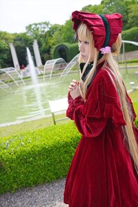 Rating: Safe Score: 0 Tags: 1girl bangs blonde_hair blue_eyes bonnet dress flower garden lips long_hair long_sleeves nail_polish outdoors red_dress shinku solo very_long_hair User: admin