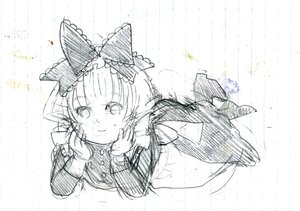 Rating: Safe Score: 0 Tags: 1girl bow dress hair_bow hinaichigo image kagiyama_hina long_sleeves looking_at_viewer monochrome on_stomach ribbon sketch smile solo striped User: admin