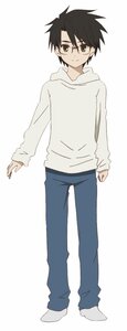 Rating: Safe Score: 0 Tags: 1boy black_hair brown_eyes closed_mouth full_body glasses hair_between_eyes hood hoodie human long_sleeves looking_at_viewer no_shoes pants sakurada_jun simple_background socks solo standing striped white_background User: admin