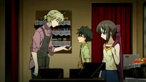 Rating: Safe Score: 0 Tags: 2boys apron black_hair blonde_hair enju glasses human kashiwaba_tomoe multiple multiple_boys sakurada_jun screenshot tagme User: admin