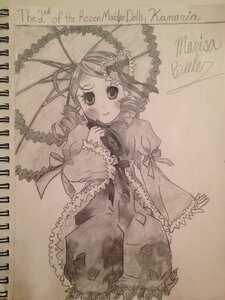 Rating: Safe Score: 0 Tags: 1girl blush dress drill_hair frills holding_umbrella image kanaria long_sleeves looking_at_viewer monochrome parasol smile solo traditional_media twin_drills umbrella User: admin