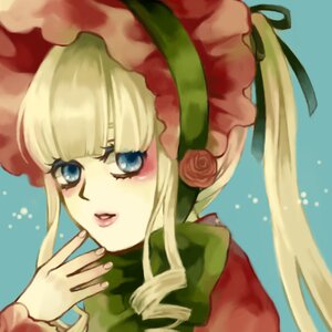 Rating: Safe Score: 0 Tags: 1girl bangs blonde_hair blue_background blue_eyes blunt_bangs blush bonnet flower hands image long_hair long_sleeves ribbon rose shinku sidelocks simple_background solo User: admin