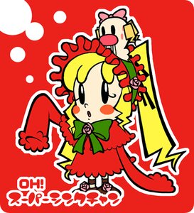 Rating: Safe Score: 0 Tags: 1girl blonde_hair bonnet bow dress hina_ichigo long_hair long_sleeves pink_bow red_background shinku solo User: admin