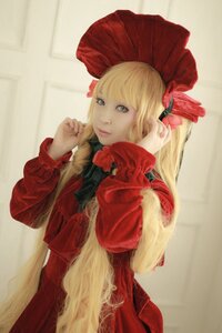 Rating: Safe Score: 0 Tags: 1girl bangs blonde_hair blue_eyes flower lips long_hair long_sleeves looking_at_viewer nose realistic red_dress shinku solo User: admin