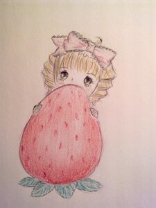 Rating: Safe Score: 0 Tags: 1girl ball blonde_hair bow fruit green_eyes hair_bow hina_ichigo hinaichigo image looking_at_viewer pink_bow short_hair simple_background solo traditional_media User: admin