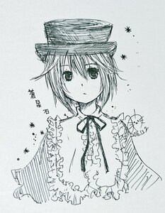 Rating: Safe Score: 0 Tags: 1girl artist_name hat image long_sleeves looking_at_viewer monochrome neck_ribbon ribbon short_hair solo souseiseki traditional_media User: admin