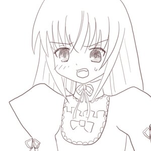 Rating: Safe Score: 0 Tags: 1girl blush eyebrows_visible_through_hair greyscale image lineart long_hair looking_at_viewer monochrome open_mouth simple_background solo suigintou sweat upper_body white_background User: admin