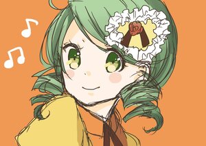 Rating: Safe Score: 0 Tags: 1girl beamed_eighth_notes beamed_sixteenth_notes eighth_note flower green_eyes green_hair image kanaria looking_at_viewer musical_note orange_background rose short_hair simple_background smile solo spoken_musical_note upper_body User: admin