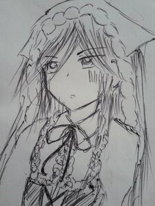 Rating: Safe Score: 0 Tags: 1girl greyscale image long_sleeves looking_at_viewer monochrome neck_ribbon ribbon short_hair sketch solo suiseiseki traditional_media upper_body veil User: admin