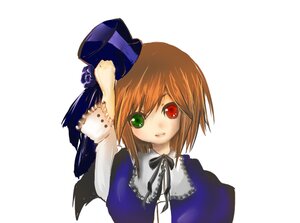Rating: Safe Score: 0 Tags: 1girl brown_hair collar dress frills green_eyes hat heterochromia image long_sleeves looking_at_viewer red_eyes simple_background solo souseiseki top_hat upper_body white_background User: admin