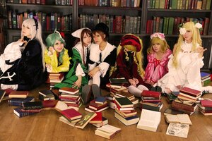 Rating: Safe Score: 0 Tags: black_hair blonde_hair book book_stack bookshelf hair_ornament hat long_hair multiple_boys multiple_cosplay multiple_girls sitting tagme User: admin