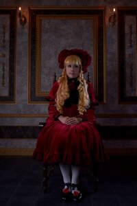 Rating: Safe Score: 0 Tags: 1girl blonde_hair bonnet doll_joints dress flower full_body indoors long_hair looking_at_viewer painting_(object) red_dress rose shinku solo standing User: admin